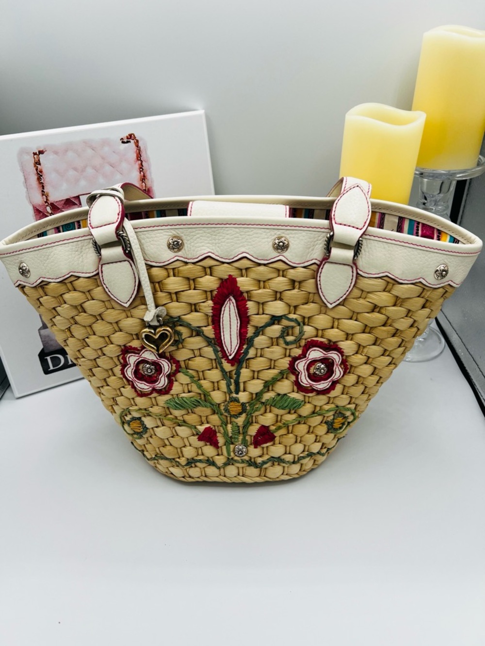 Brighton Straw Tote Floral Embroidery and White Trim - Picture 5 of 13